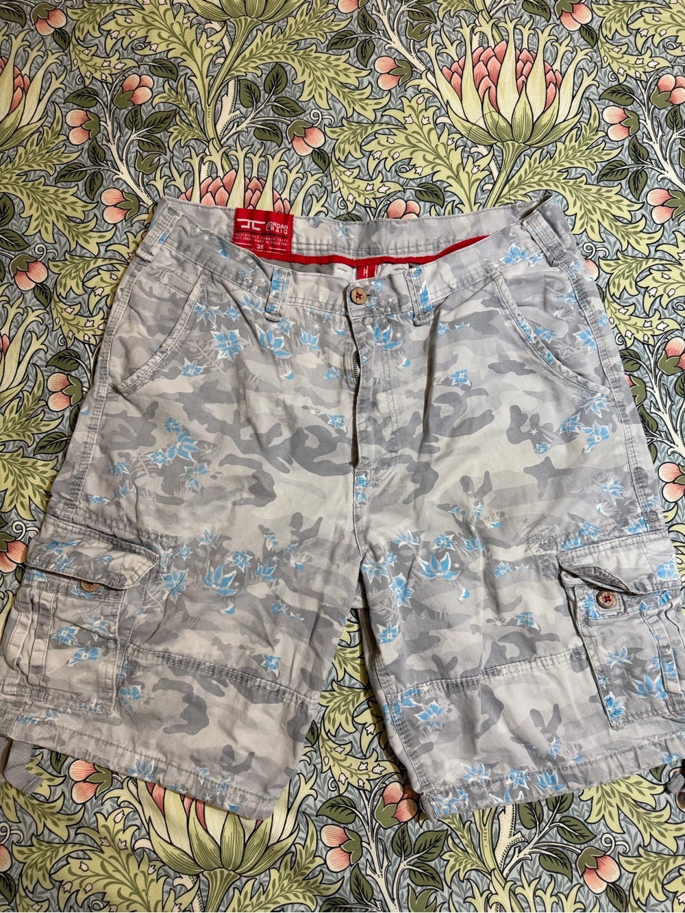 Jordan Craig Men's Gray Camo Cargo Shorts with Blue Floral Accent